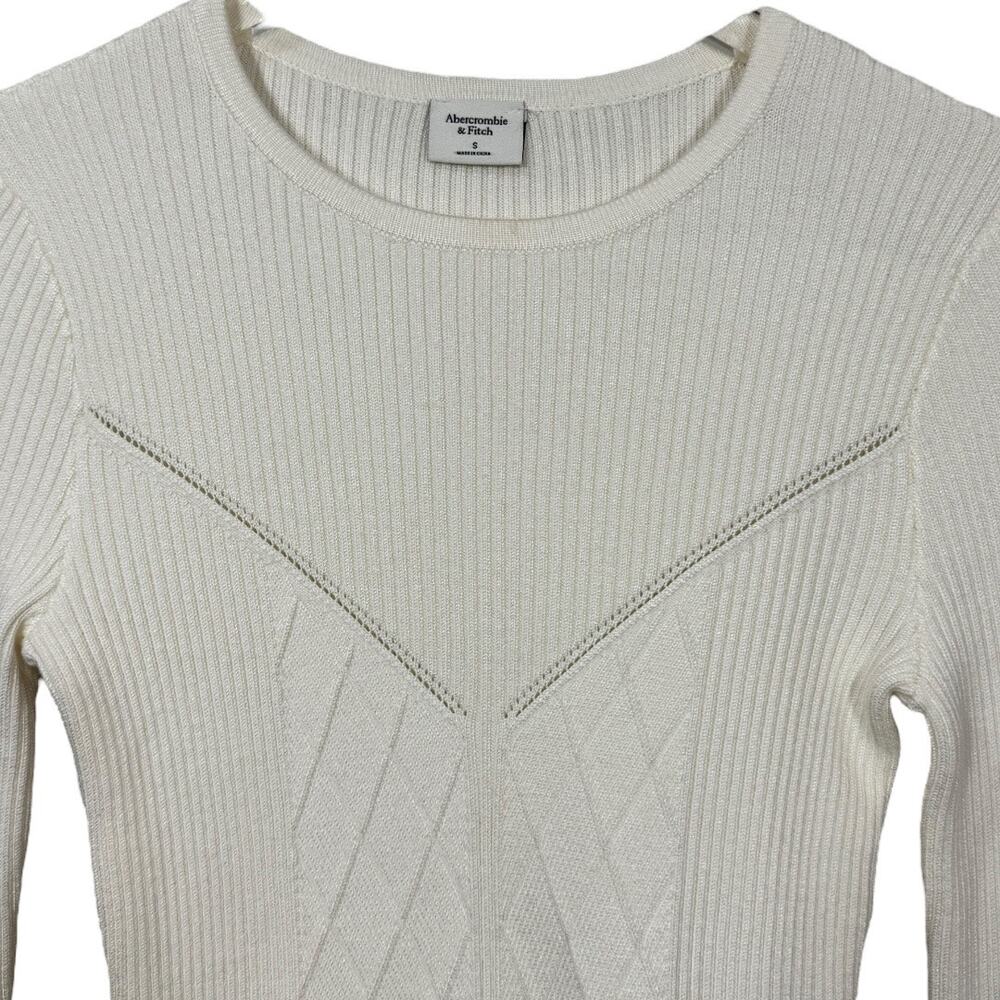 Abercrombie & Fitch Cream Knit Sweater Top Small Long Sleeve Basic Ribbed - Picture 2 of 5